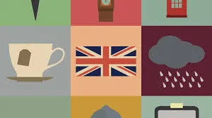 紅茶、雨雲、イギリス国旗など、イギリスにちなんだアイコンのイラスト