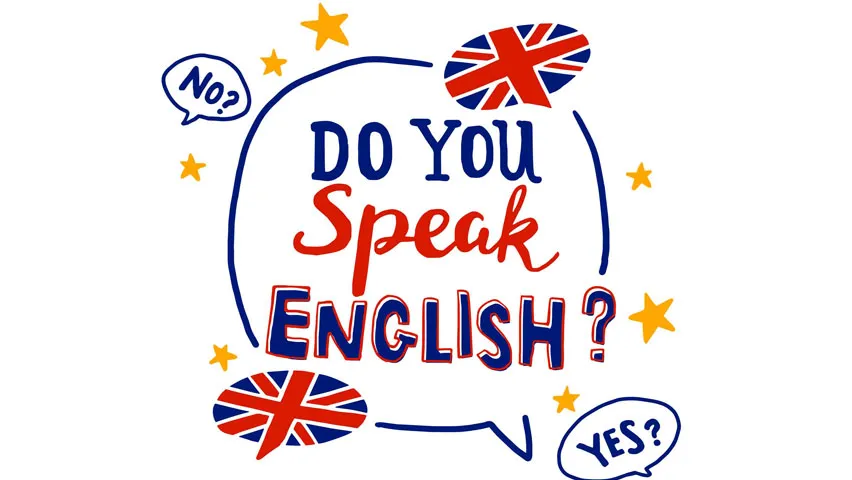 「DO YOU Speak ENGLISH?」の文字とイギリス国旗の吹き出し