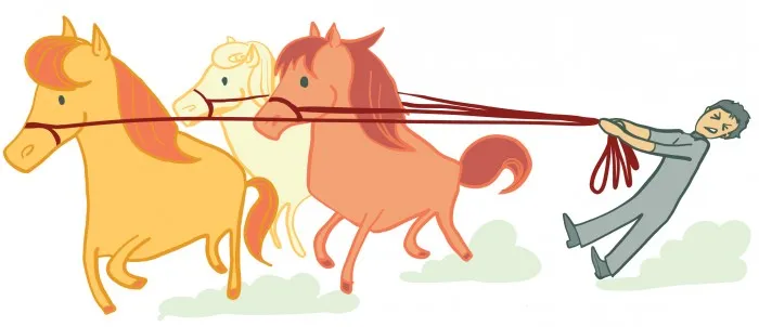 男性を引きずって走り出そうとする馬たちのイラスト