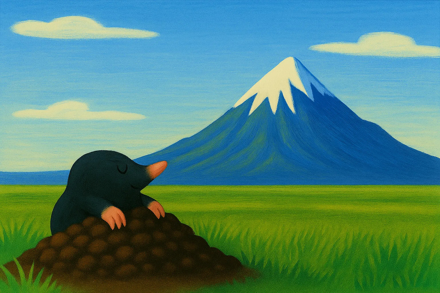 富士山を背景に、土の山から顔を出すモグラのイラスト