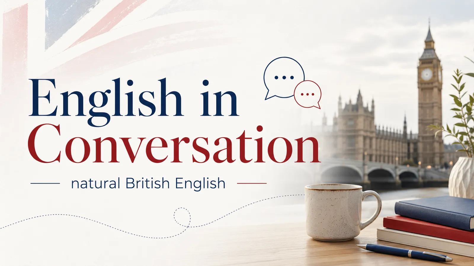 「English in Conversation」「natural British English」の文字と、ビッグ・ベン、紅茶のマグカップ