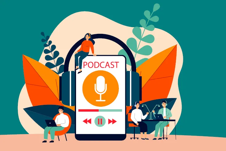 「PODCAST」と表示されたスマートフォンと、それを聴く人たちのイラスト