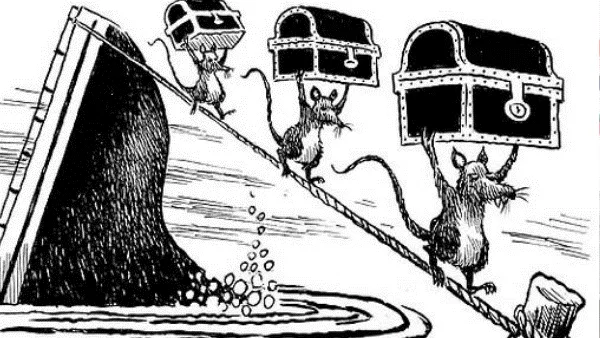沈みかけた船から宝箱を抱えて逃げ出すネズミたちの絵