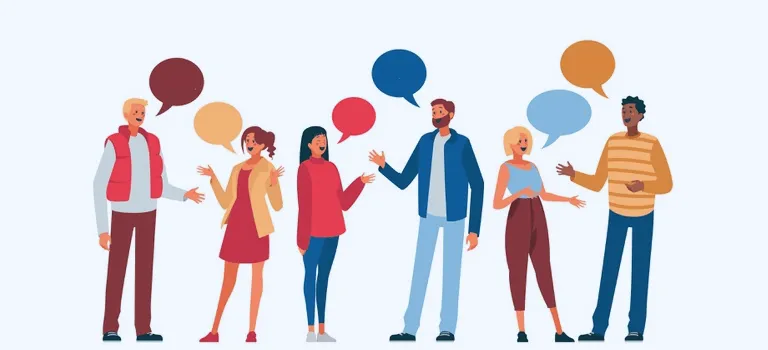 吹き出しを浮かべて会話する人たちのイラスト