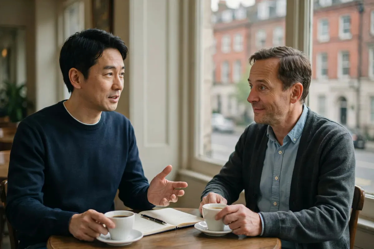 ロンドンのカフェの窓際で、コーヒーを前に日本人男性とイギリス人講師が英語で話している様子