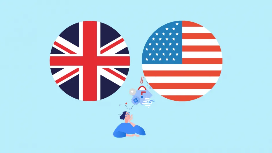 イギリスとアメリカの国旗のアイコンと、考えごとをする人のイラスト