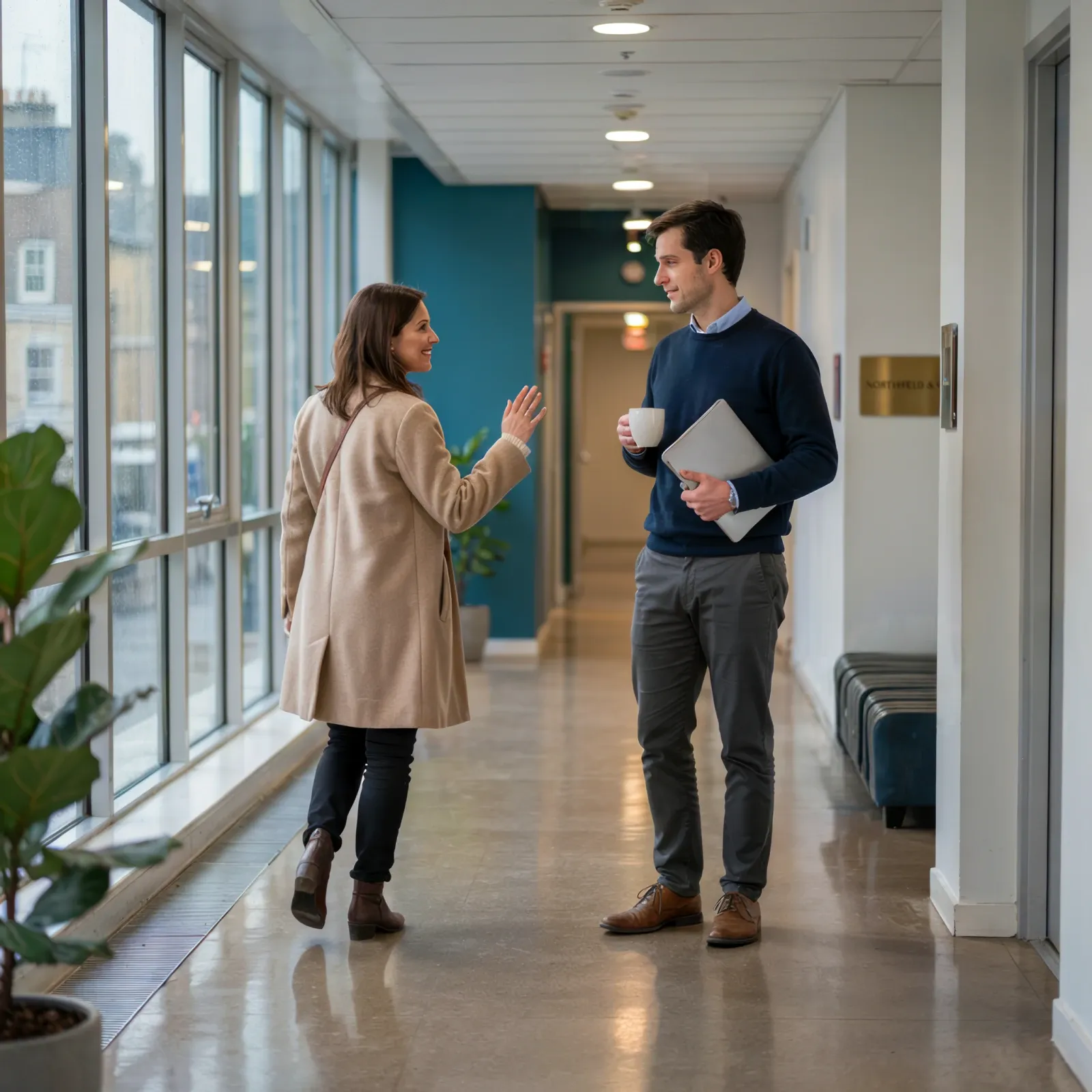 Two colleagues chatting in an office corridor, one holding a coffee and a laptop
