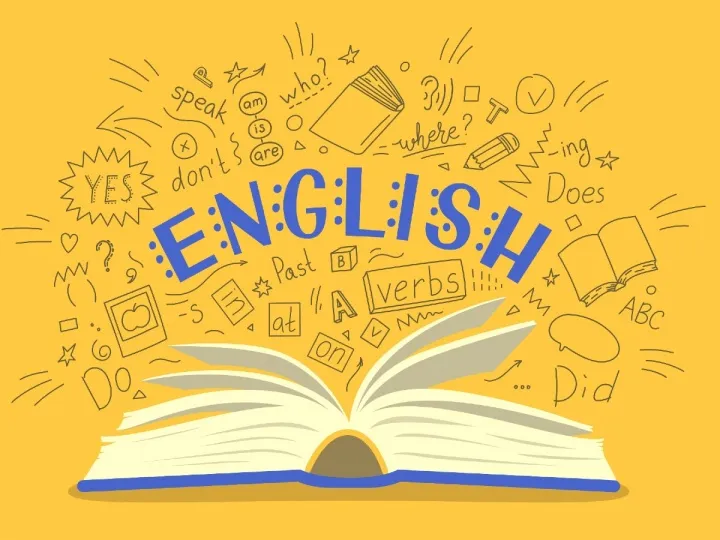 開いた本と「ENGLISH」の文字、英語の単語の落書き