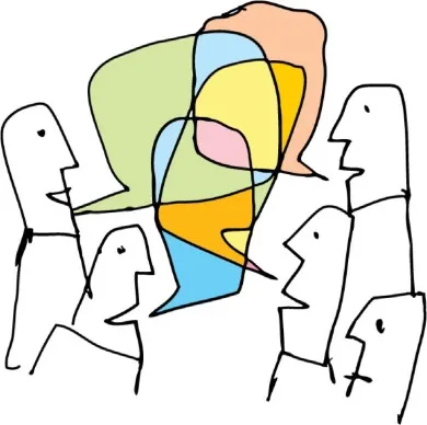吹き出しが重なり合う中で話す人たちのイラスト