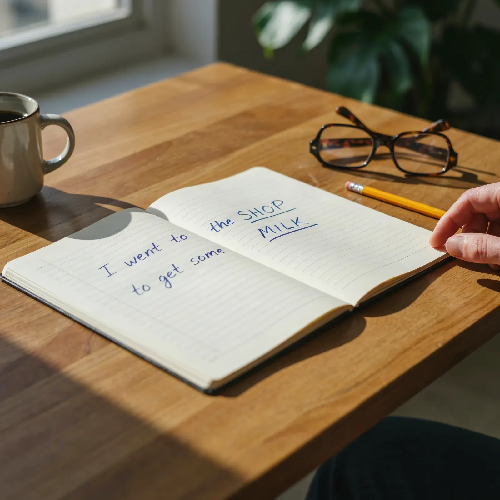 An open notebook with "I went to the shop to get some milk" handwritten, SHOP and MILK underlined