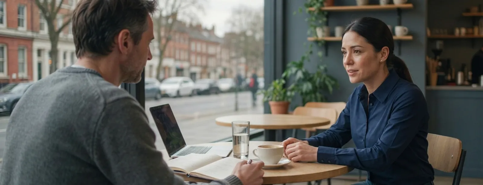 A teacher and a student talking across a café table over a laptop and notes