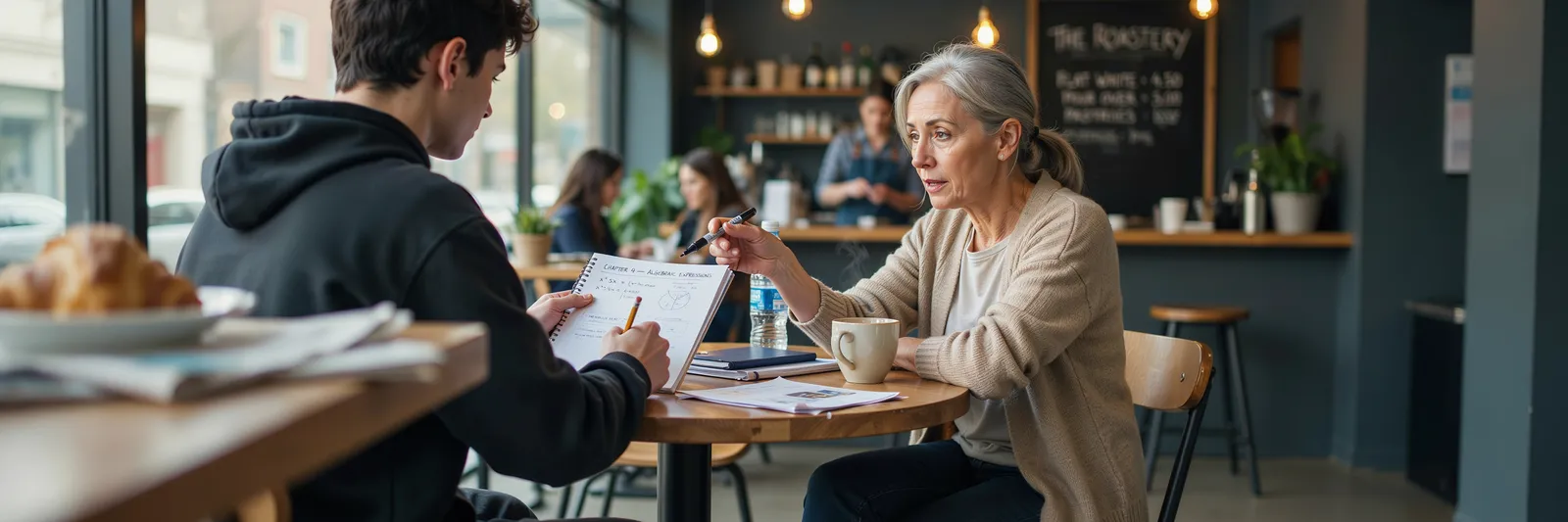 A teacher and student working through notes at a London café table