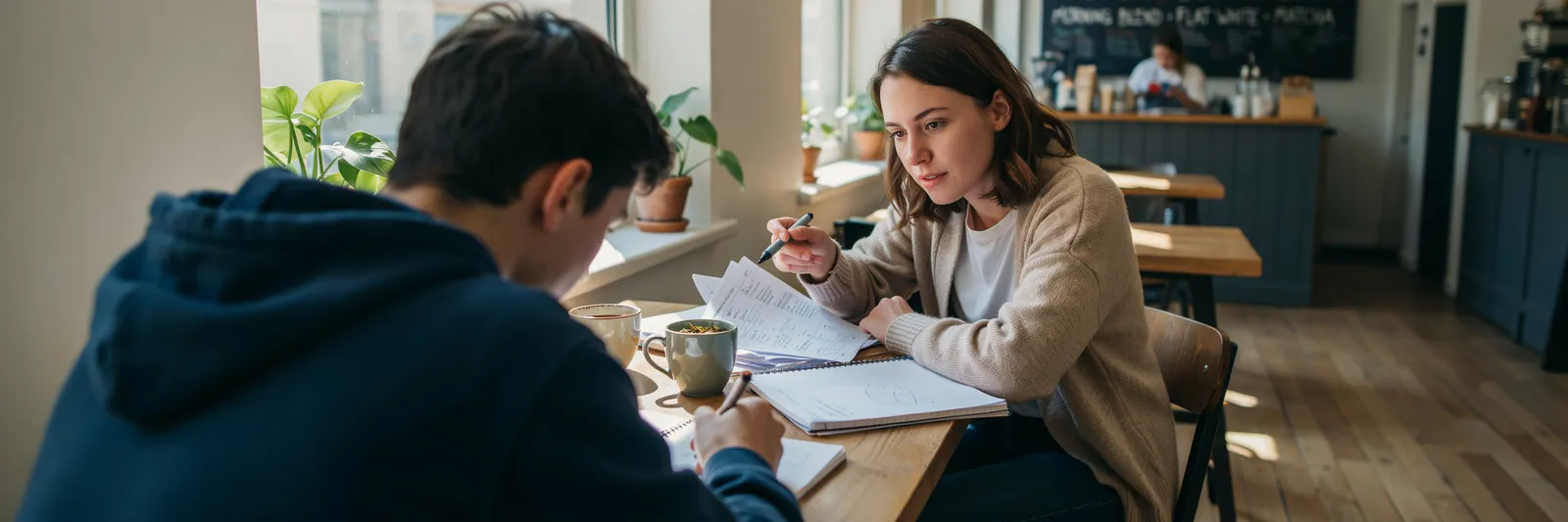 A one-to-one English lesson at a café table in London