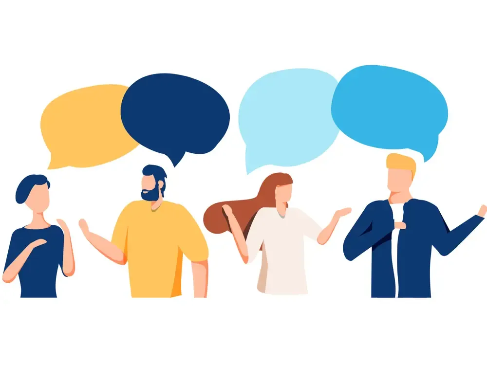 吹き出しを浮かべて会話する4人のイラスト