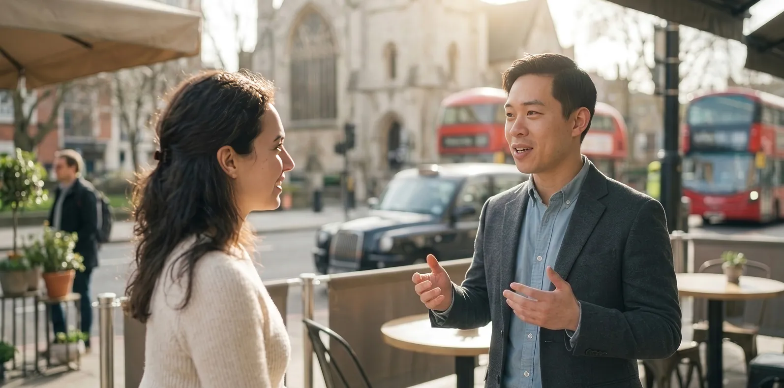 A one-to-one English lesson in progress at a London café