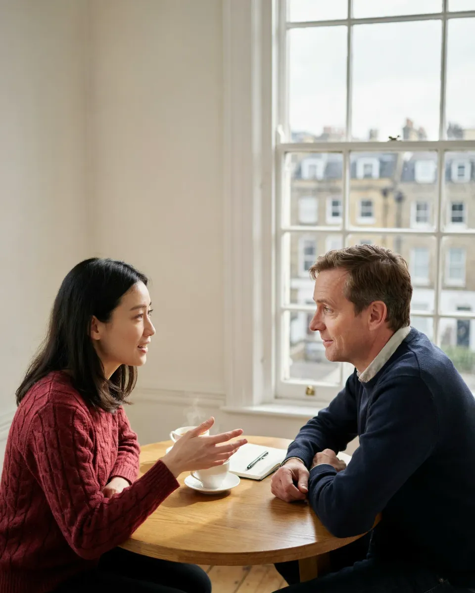 窓辺の丸いテーブルで紅茶を前に、日本人女性とイギリス人講師が英語で会話している様子