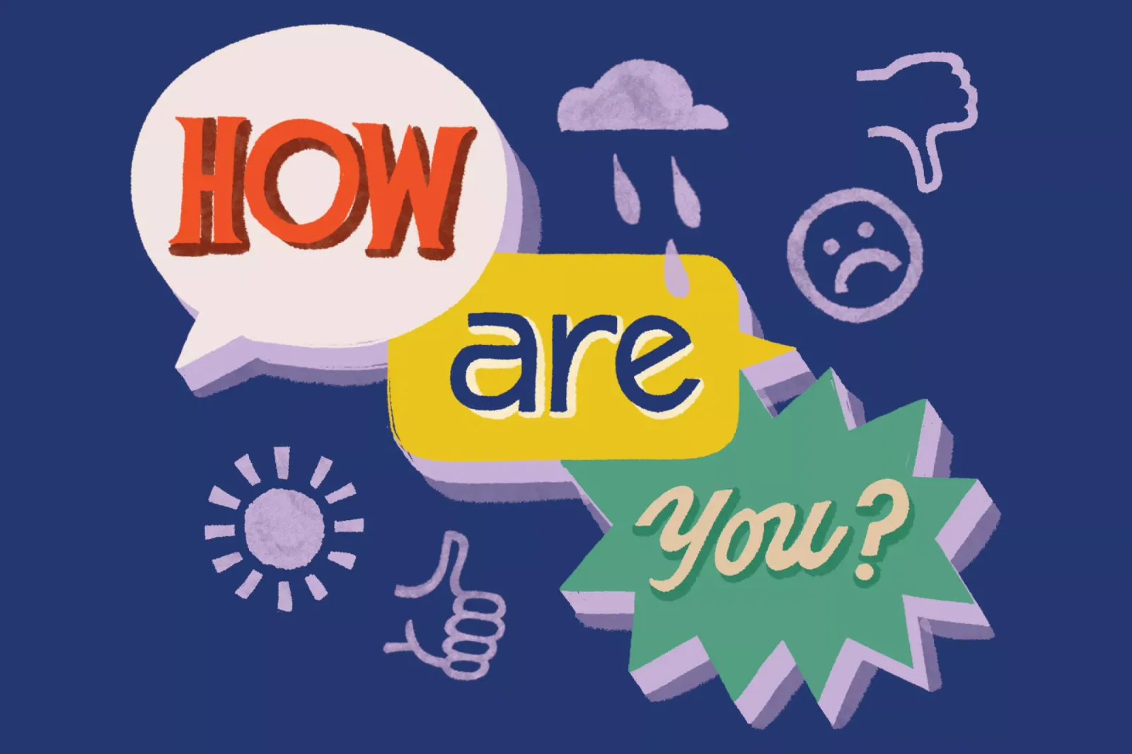「HOW are you?」の文字が描かれた吹き出しと、晴れや雨、笑顔や困り顔のアイコンのイラスト