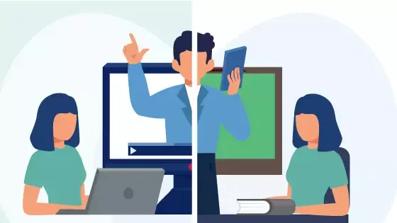 オンラインと対面で学ぶ生徒と講師のイラスト