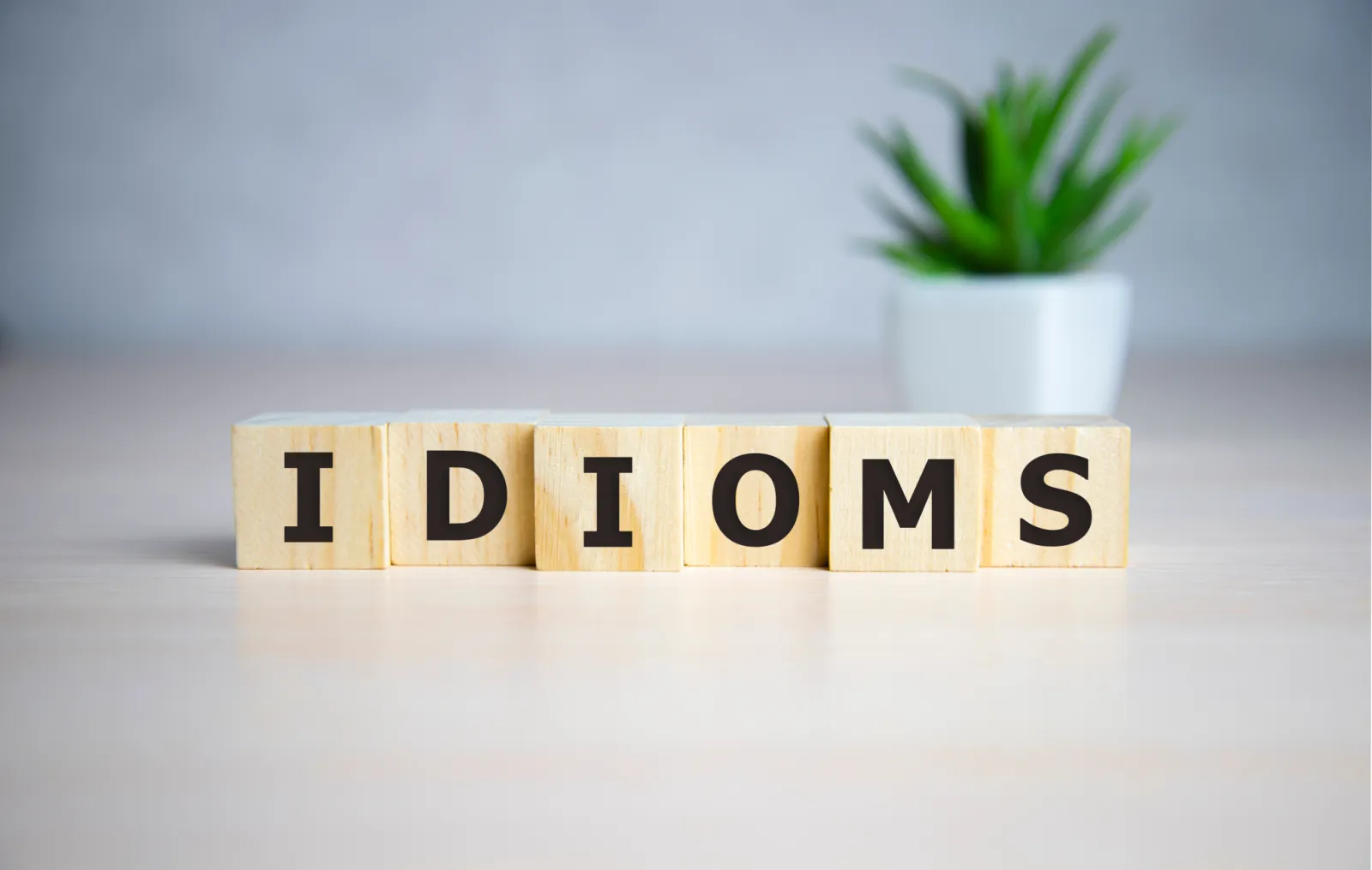 「IDIOMS」と並べられた木製の文字ブロック