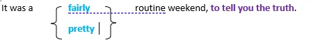 例文の図:It was a fairly / pretty routine weekend, to tell you the truth.