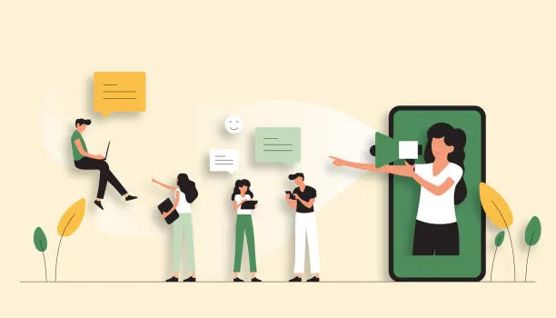 スマートフォンの中からメガホンで呼びかける女性と、話をする人々のイラスト