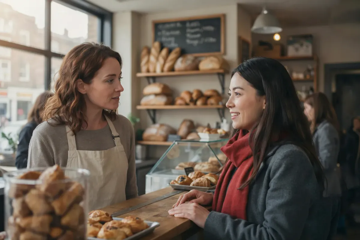 ロンドンのパン屋で、店員と笑顔で会話しながら買い物をする赤いマフラーの日本人女性