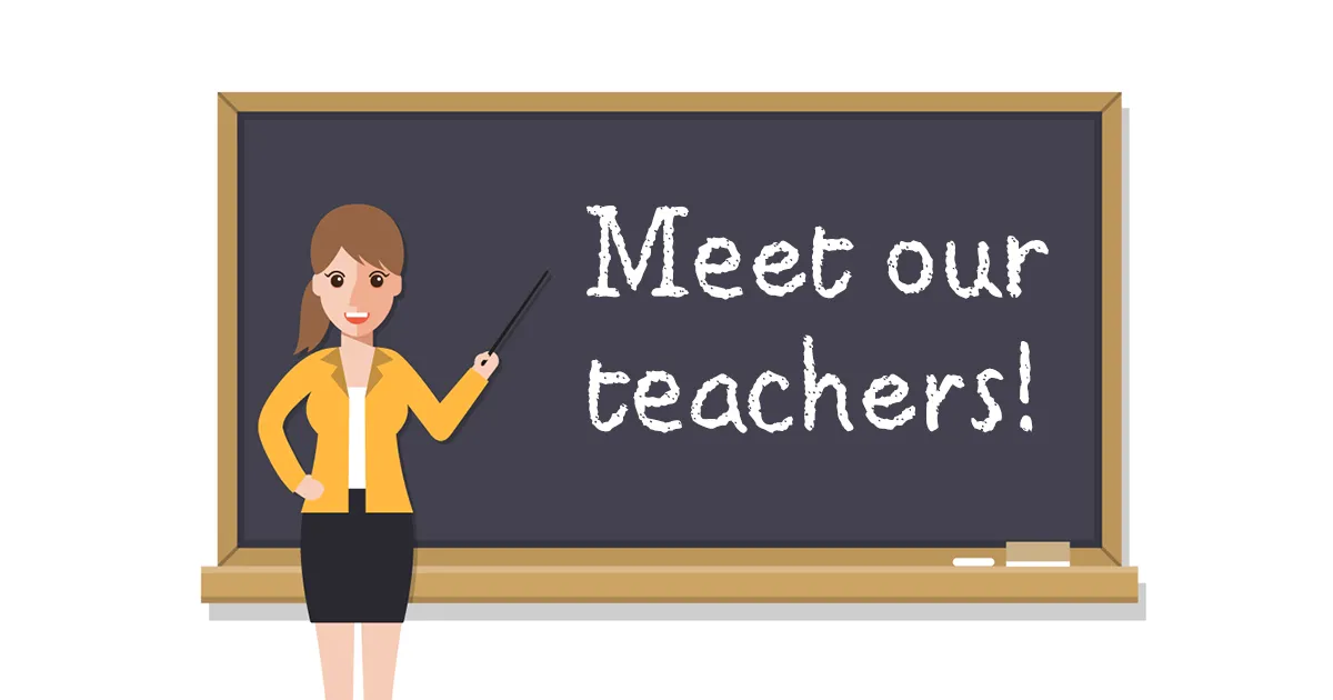 「Meet our teachers!」と書かれた黒板と講師のイラスト