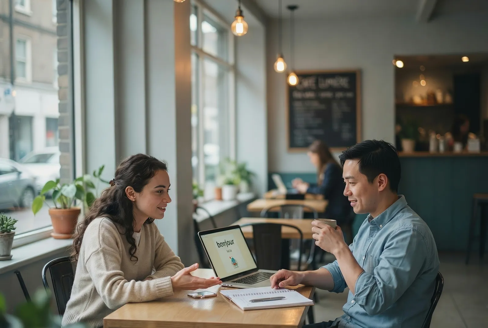 Two people talking across a table during a job interview