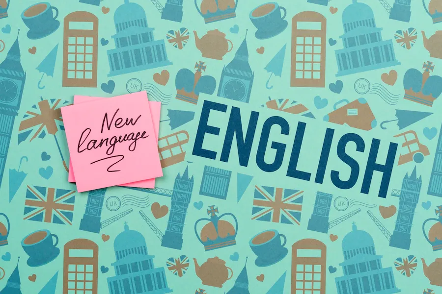 イギリスにちなんだイラストの背景に「ENGLISH」の文字と「New language」と書かれた付箋