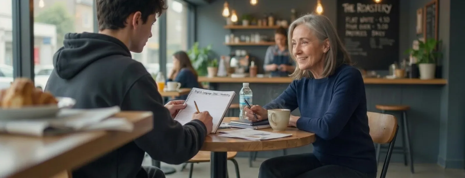 A teacher and student working through notes at a London café table