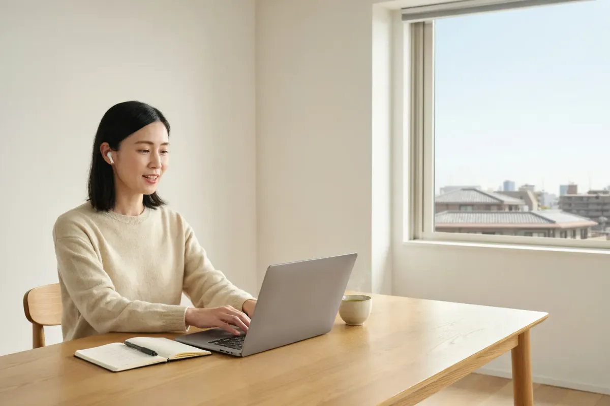 日本のマンションの一室で、イヤホンを着けてノートパソコンでオンラインレッスンを受ける日本人女性