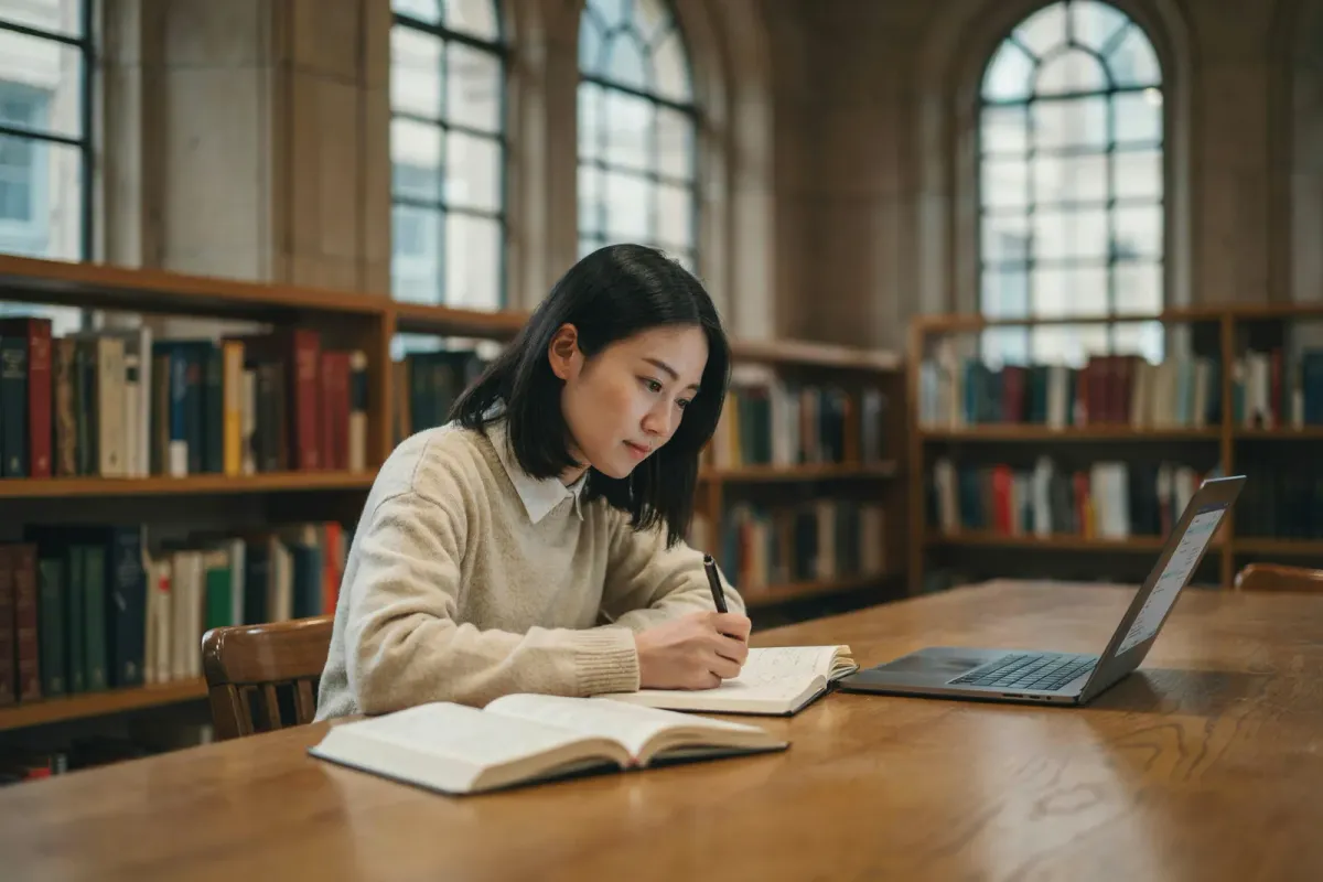 大学図書館の木の机で、ノートパソコンを開き、ノートに書き込みながら勉強する日本人女性