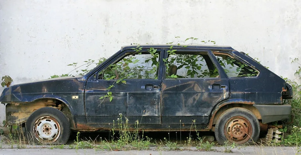 草に覆われた古いさびた車