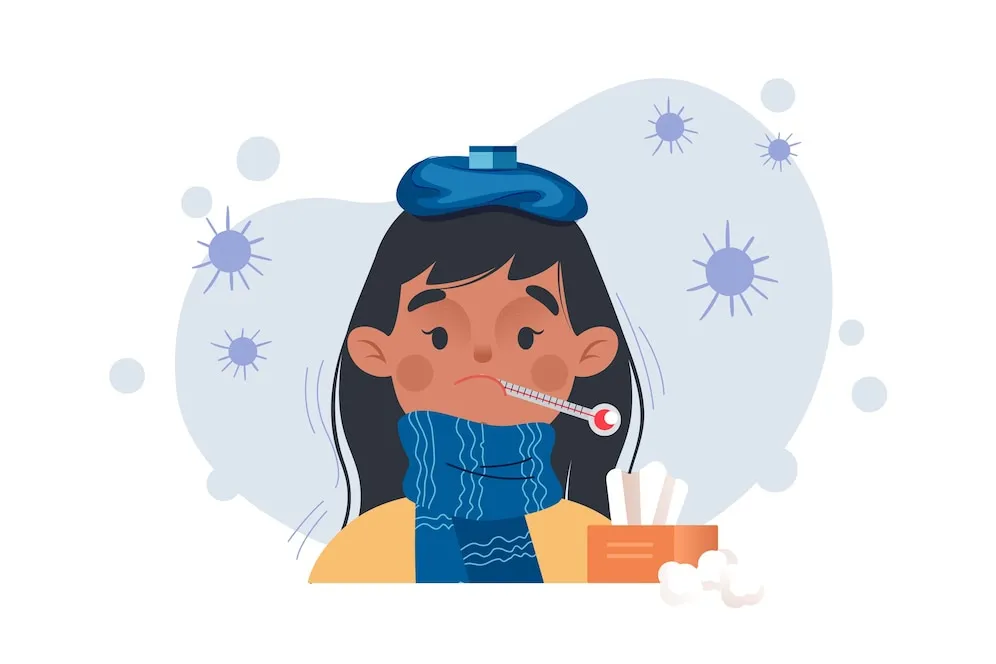 熱を測りながら毛布にくるまる風邪をひいた人のイラスト
