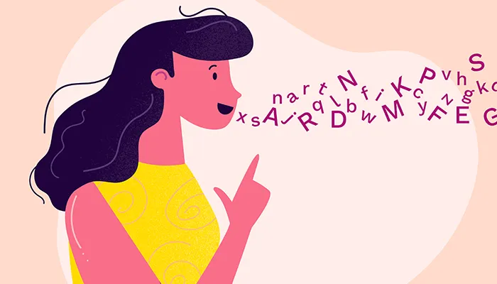 口からアルファベットがあふれ出る女性のイラスト
