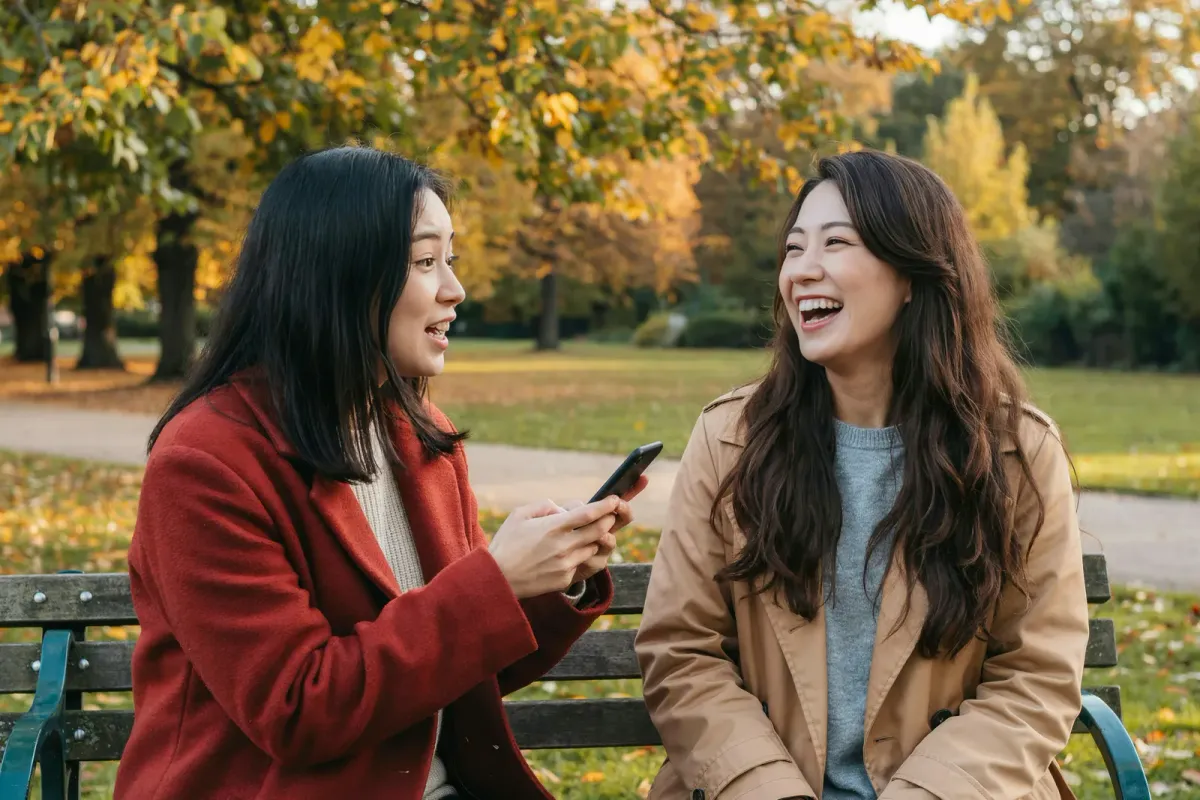 秋の公園のベンチで、スマートフォンを見せながら笑顔で話す日本人女性の二人