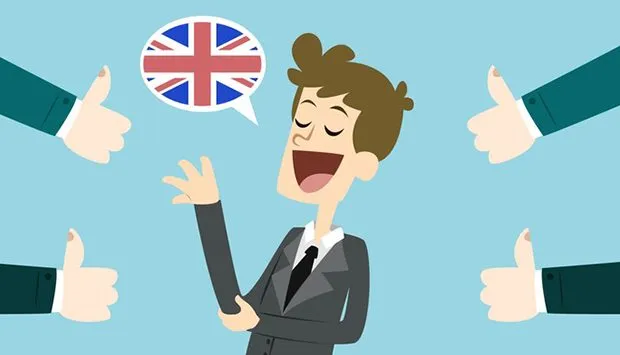 イギリス国旗の吹き出しとともに話す男性と、親指を立てる手のイラスト