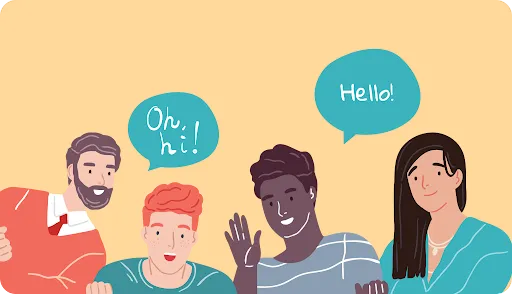 「Oh, hi!」「Hello!」とあいさつを交わす人たちのイラスト