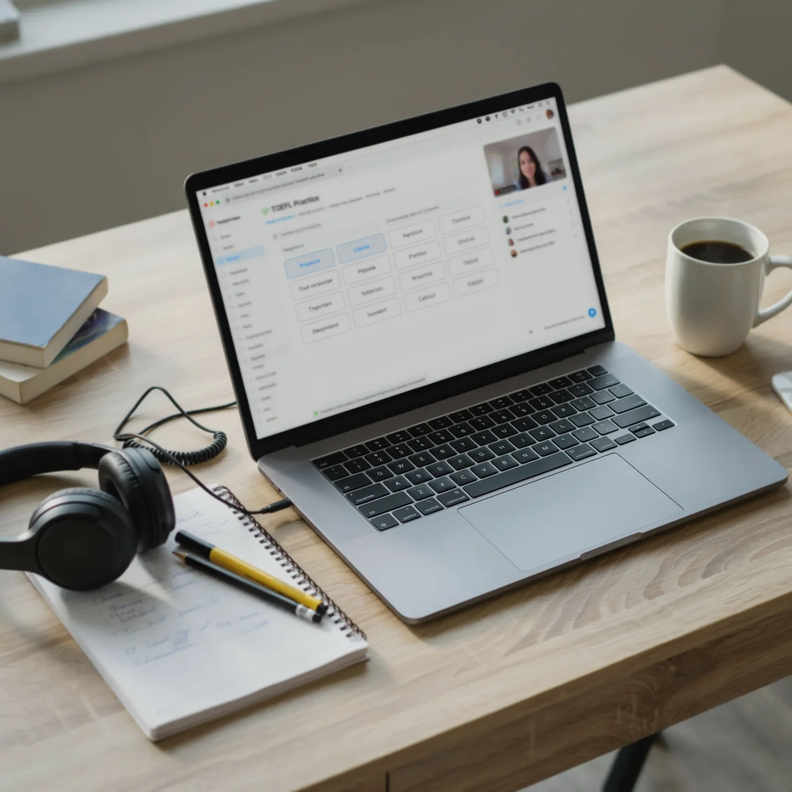 A laptop showing a TOEFL practice session, with a headset, notebook and coffee on the desk