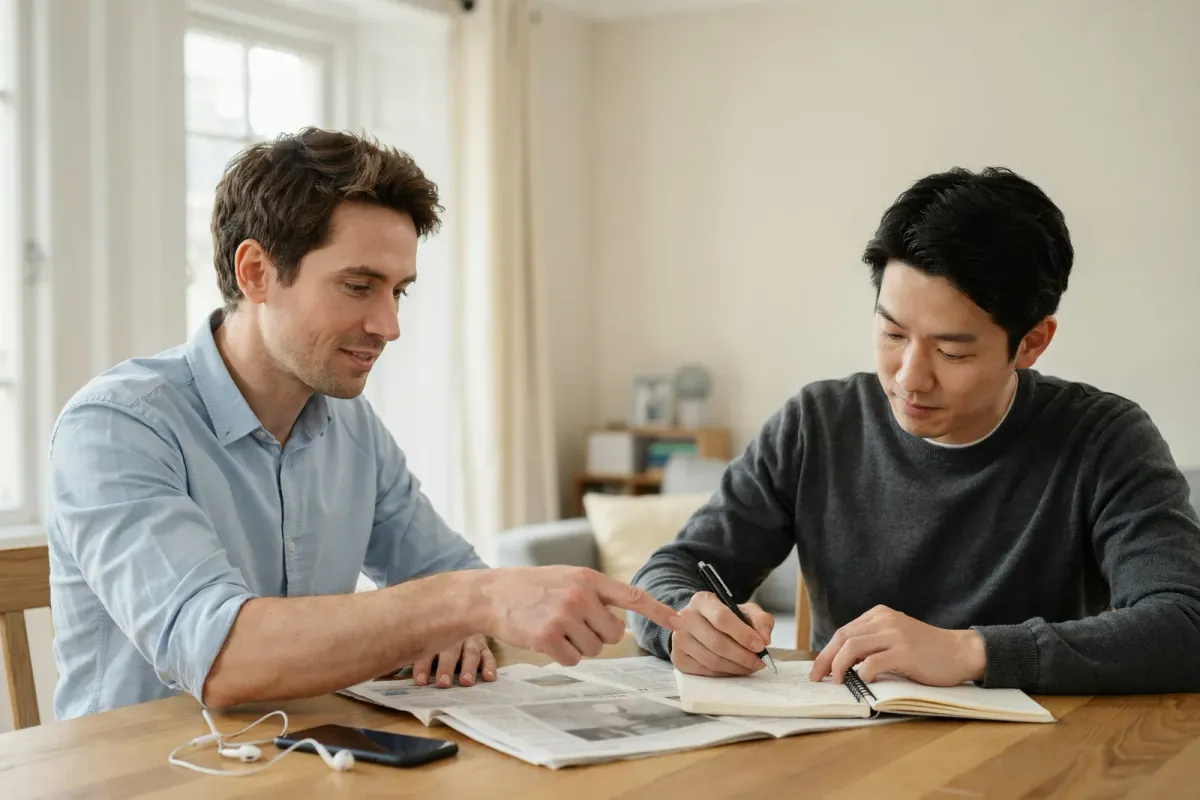 自宅のテーブルで、英字新聞の記事を指さす講師と、ノートに書き込む日本人男性