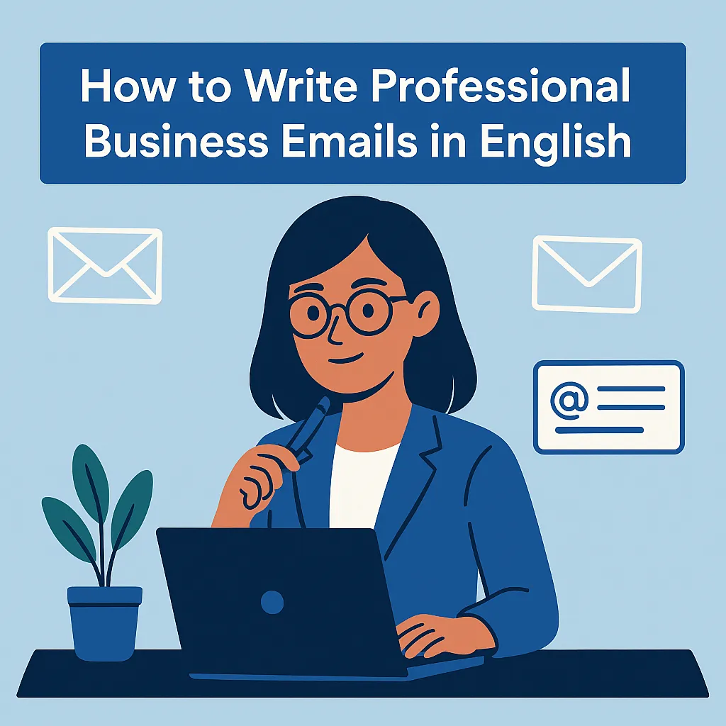 「How to Write Professional Business Emails in English」の見出しと、ノートパソコンでメールを書く女性のイラスト